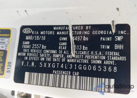 2016 Kia Optima Lx from USA, damaged, VIN 5XXGT4L31GG065368